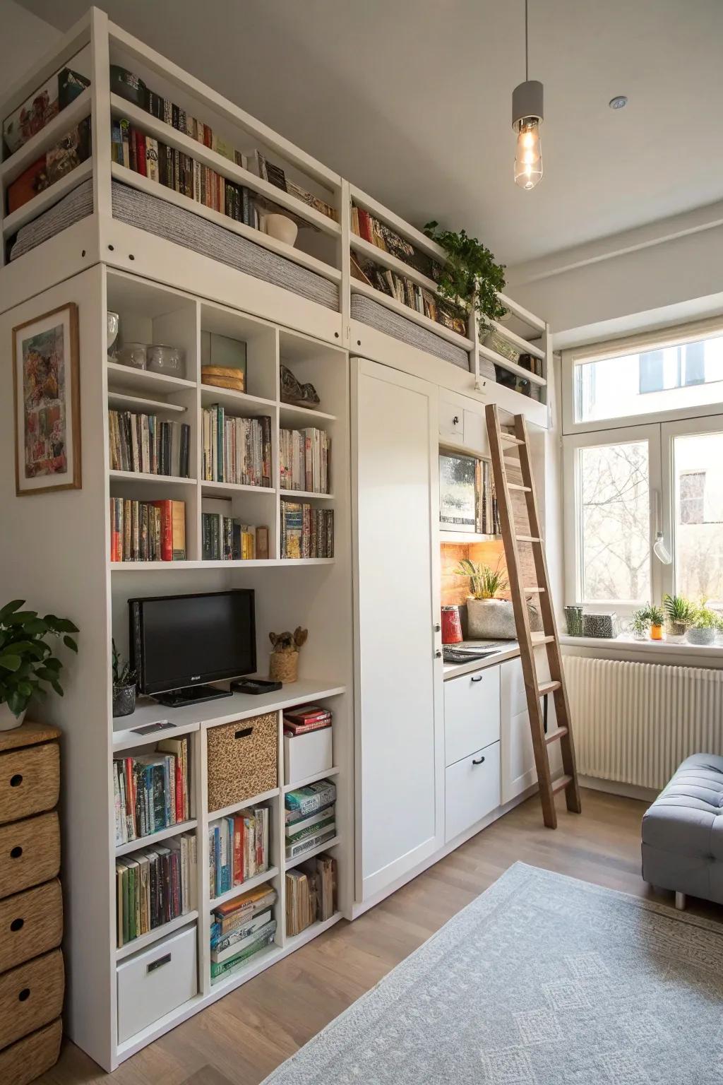 Using vertical space efficiently in a studio apartment.