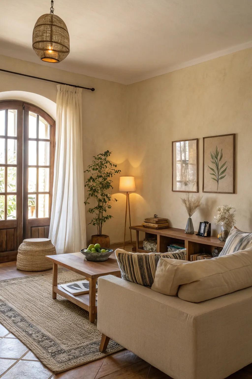 Beige walls craft a tranquil and welcoming atmosphere.