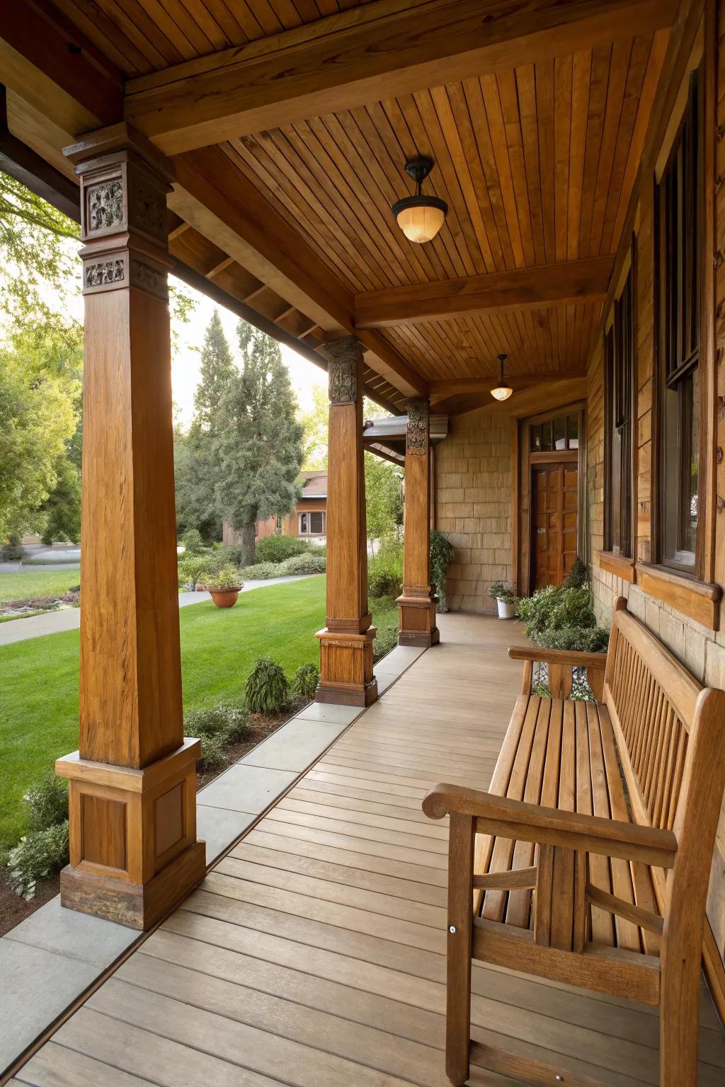 Untreated timber posts emphasize the natural charm of this Craftsman-style porch.