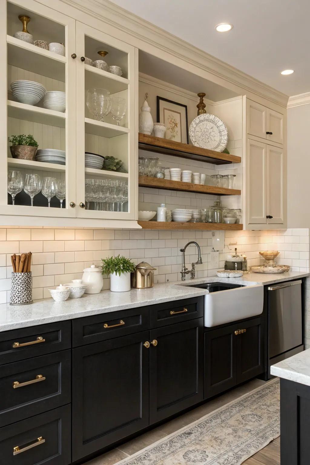 Two-tone cabinets create a visually dynamic and spacious kitchen environment.