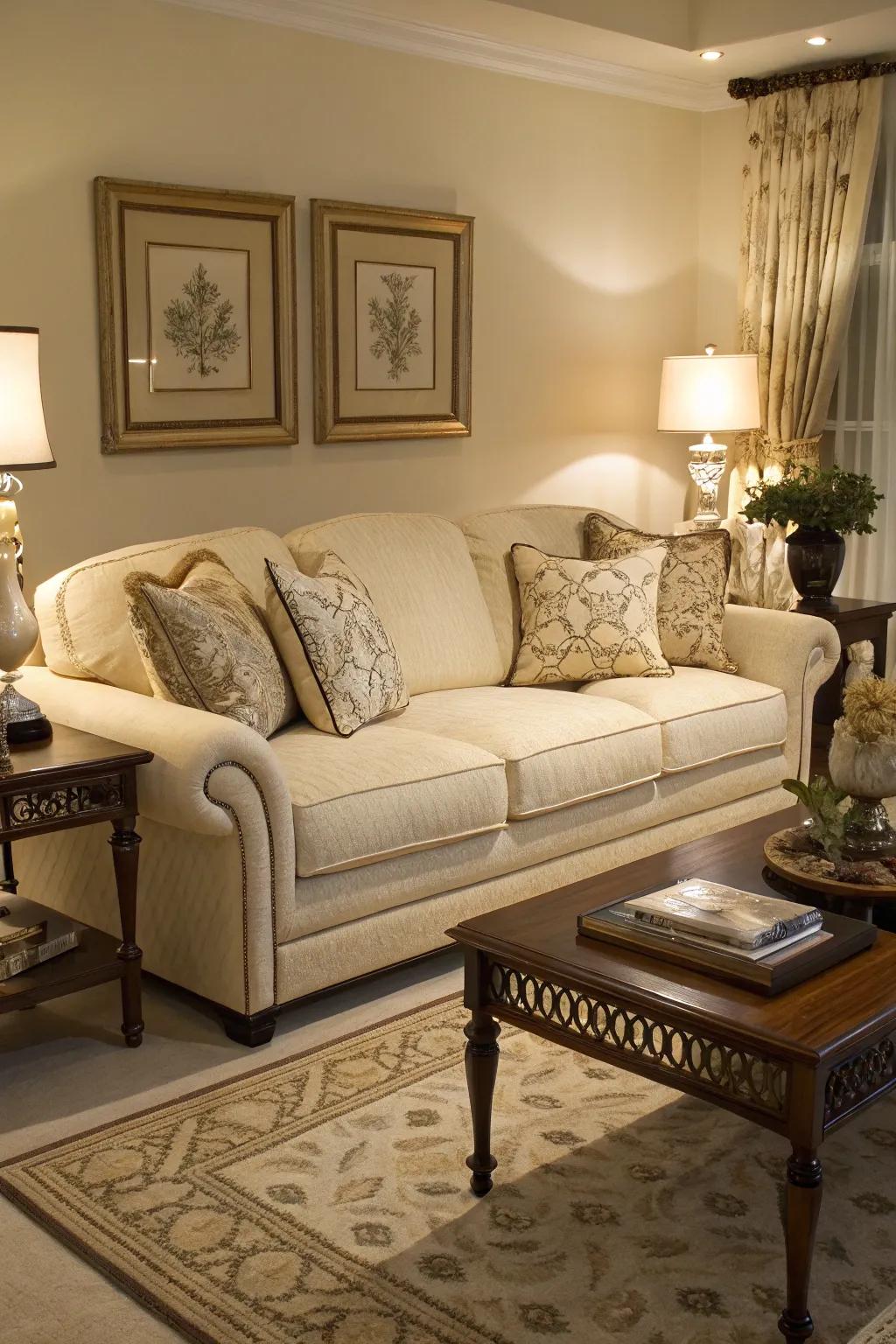 A cream sofa as the centerpiece of a refined living room.