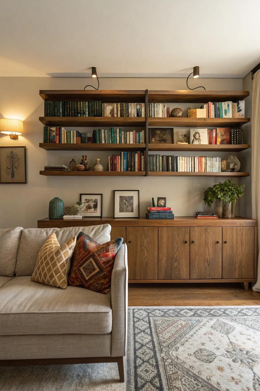 Wall-mounted bookshelves above a console create a warm reading corner.