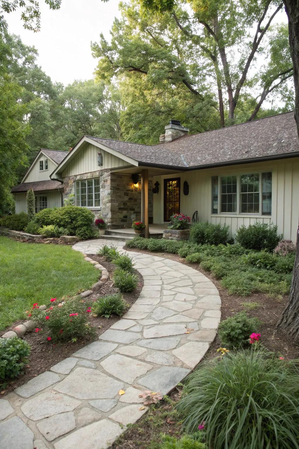 A curved stone walkway adds charm and guides guests to your door.
