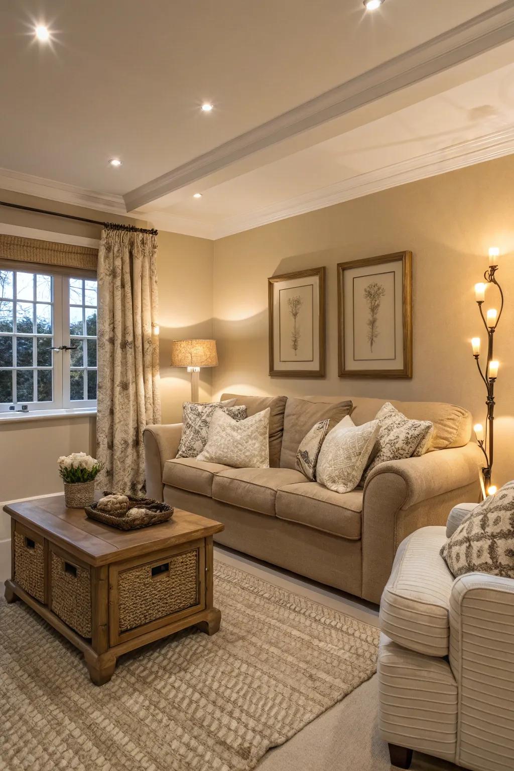 Neutral tones creating a warm and inviting living room atmosphere.