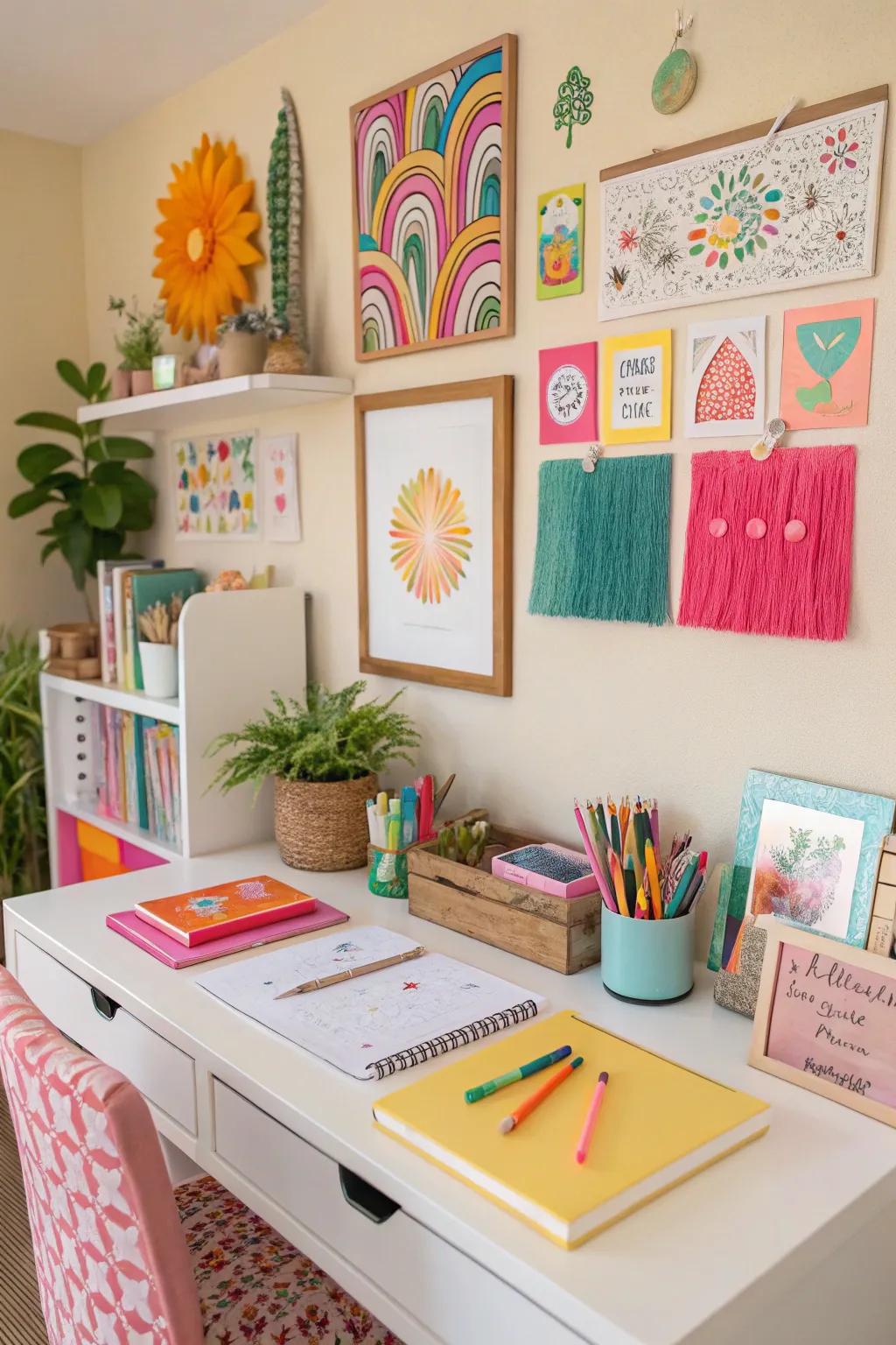 A desk with colorful accessories and wall art creating a vibrant atmosphere.