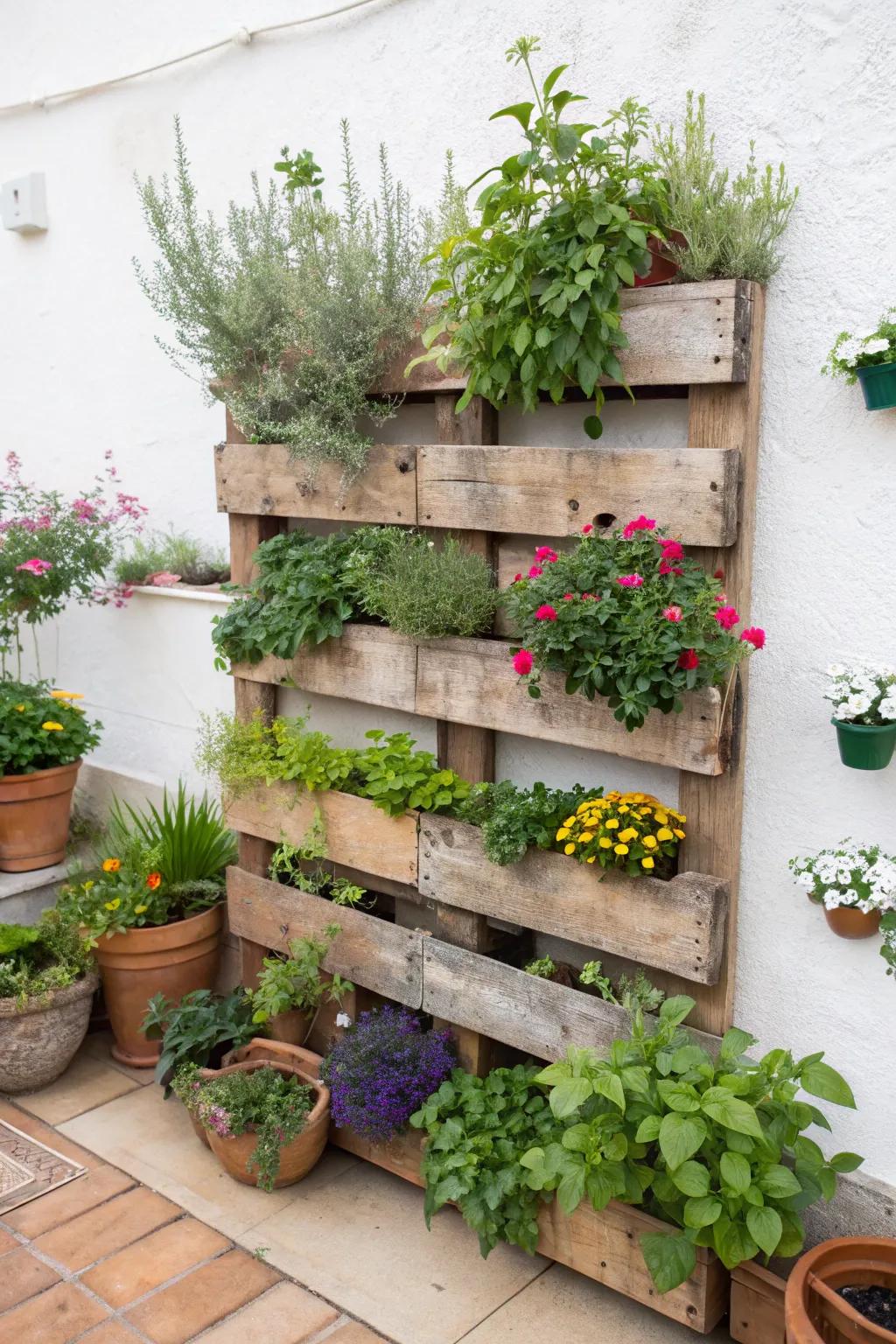 Living walls using repurposed wood bring charm and practicality.