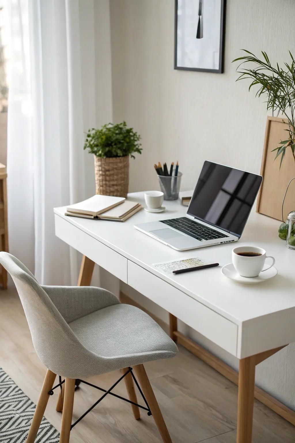 A streamlined home office showcasing a polished white desk and minimal decorative elements.