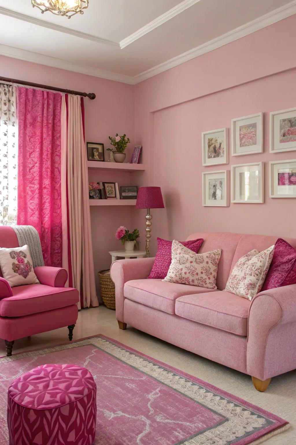 A monochromatic pink assortment crafts an amicable and welcoming ambiance in this living area.