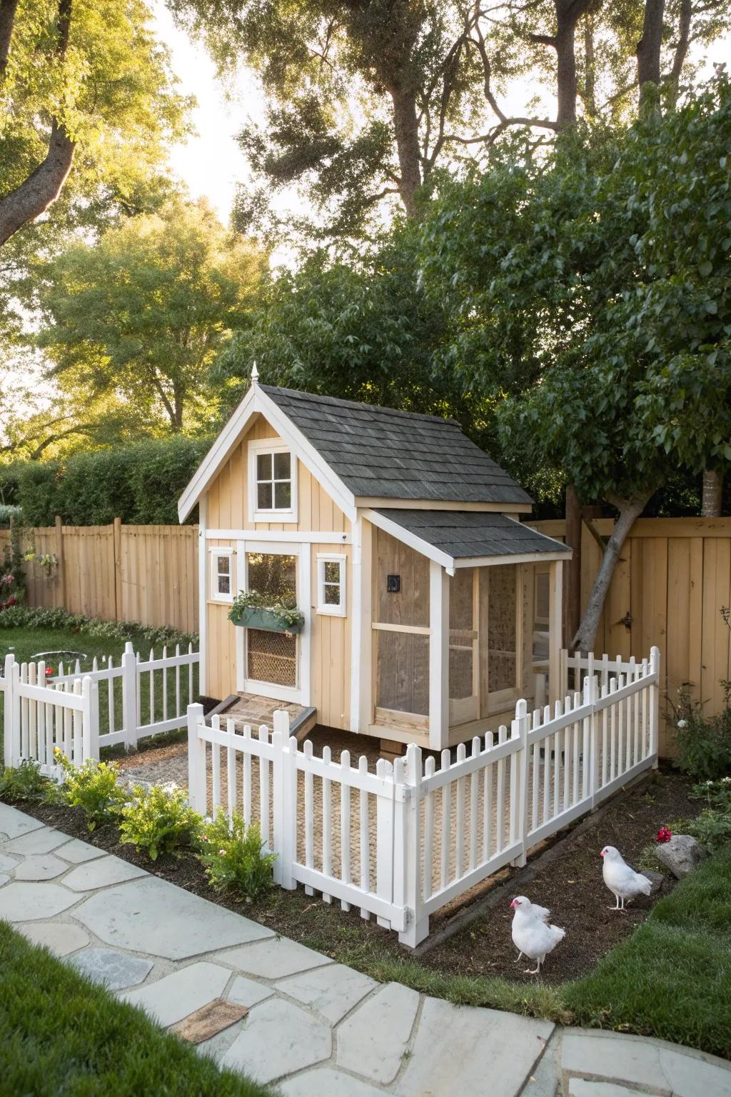 Bring a touch of country charm to your backyard with this adorable farmhouse-style chicken coop.