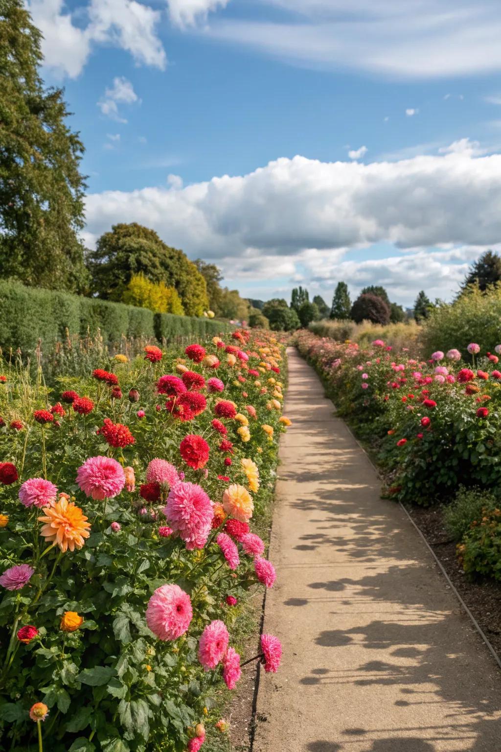 A garden path framed by vibrant dahlia borders.