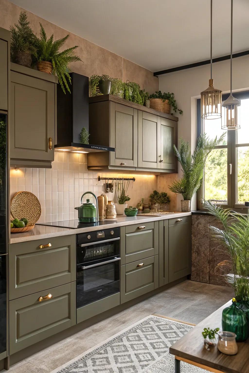 Earthy tones complement dark beige cabinets beautifully.