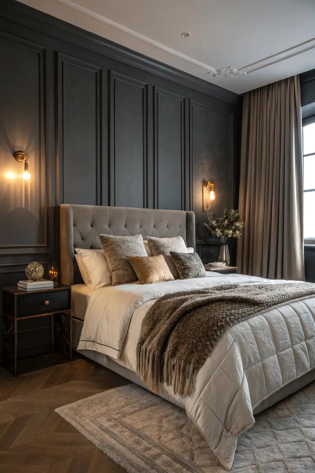A dark grey bedroom designed for relaxation and comfort.