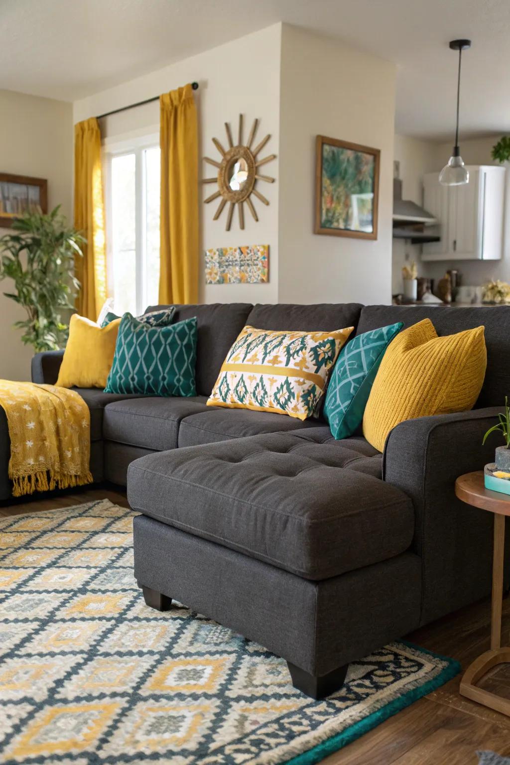 Daring accent hues can revolutionize your dark grey sectional.
