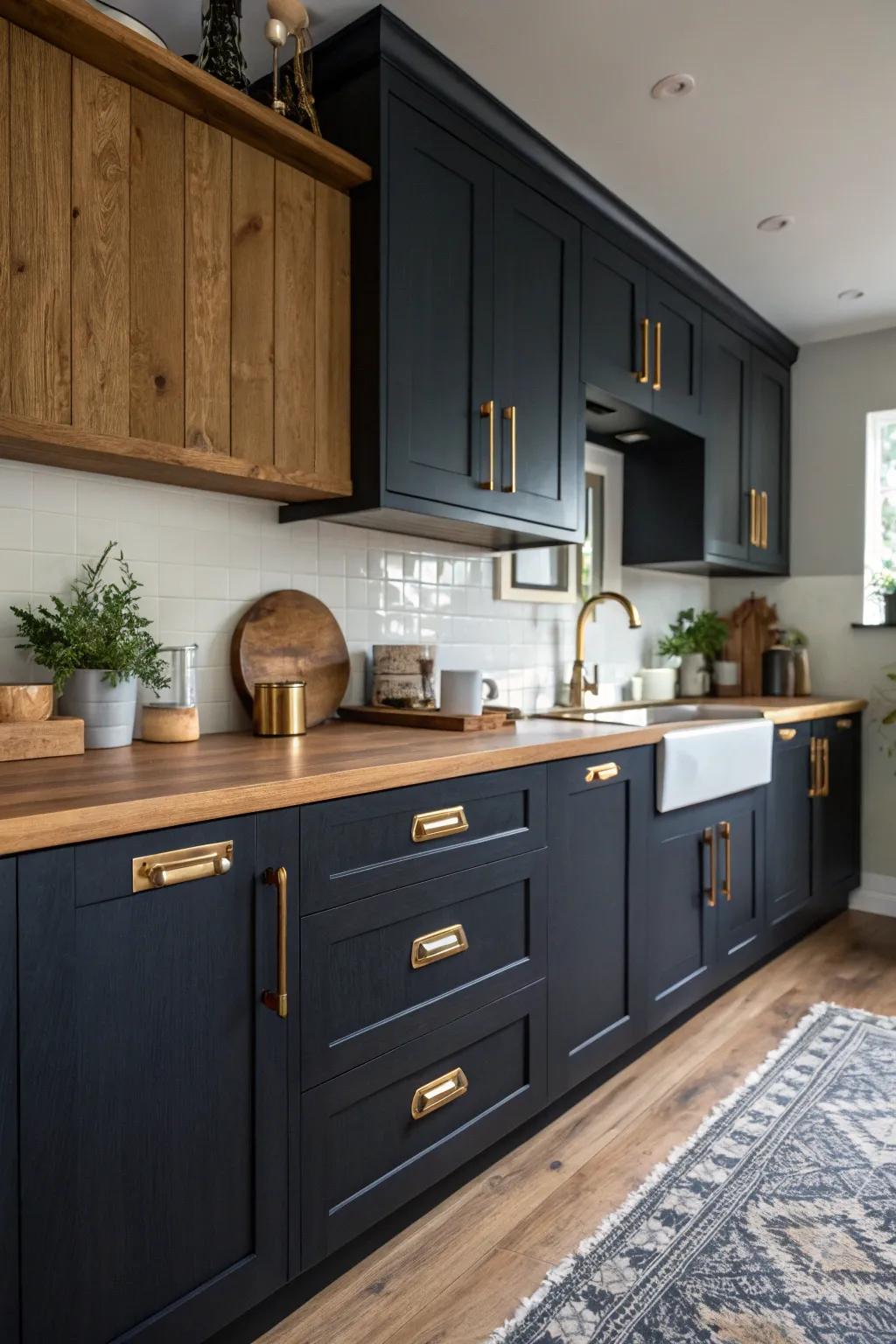 Sophisticated sapphire cabinets combined with brass hardware establish a sumptuous kitchen atmosphere.