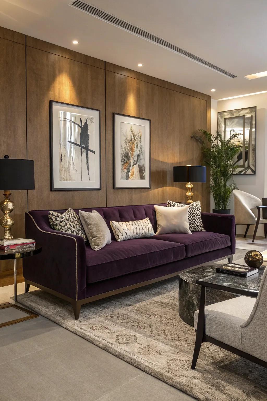 A dark purple velvet sofa adds luxury and comfort to this modern living room.