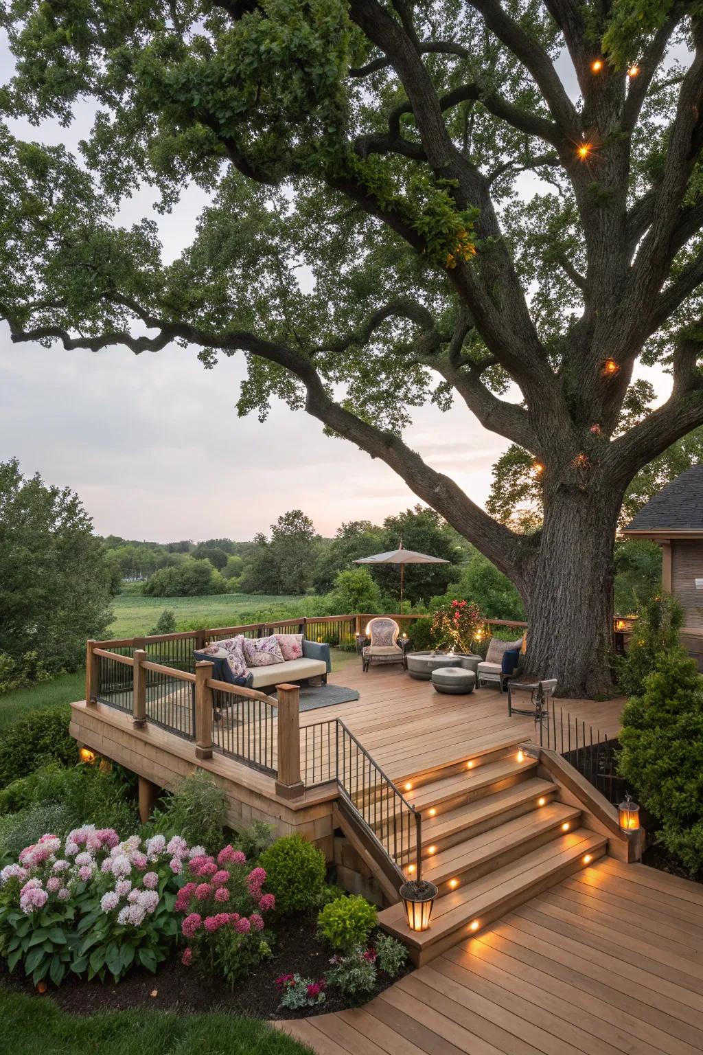 A patio artfully constructed to surround a grand maple, effortlessly merging with the surrounding natural beauty.