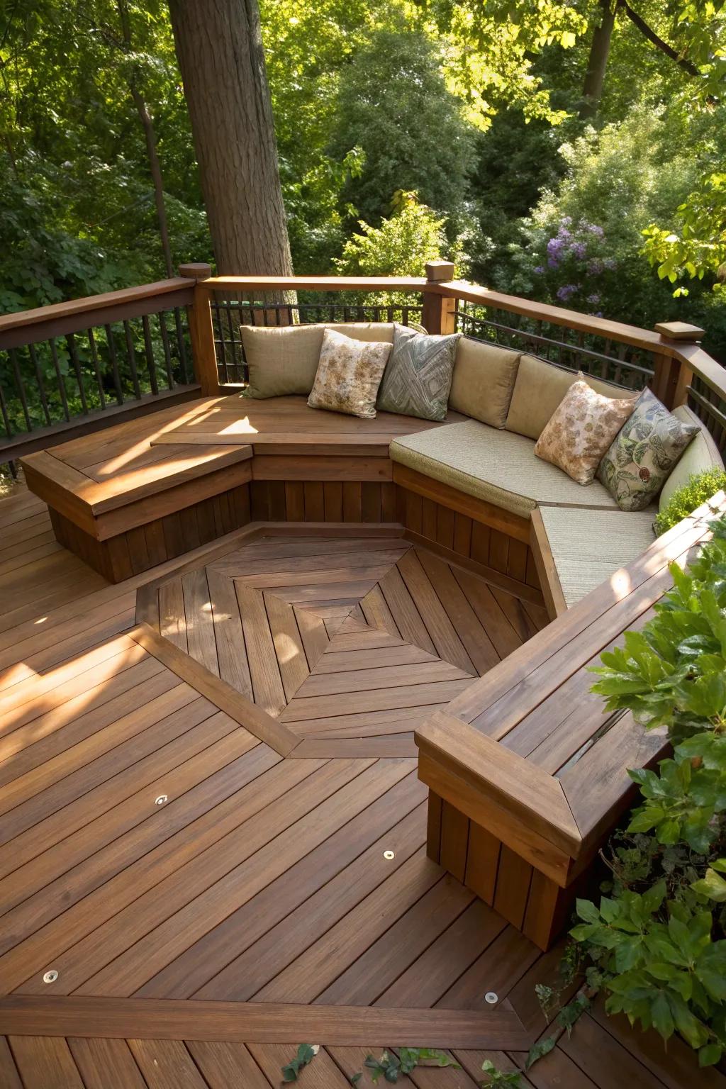 Sink into comfort: Discover the allure of octagonal deck design with built-in benches.