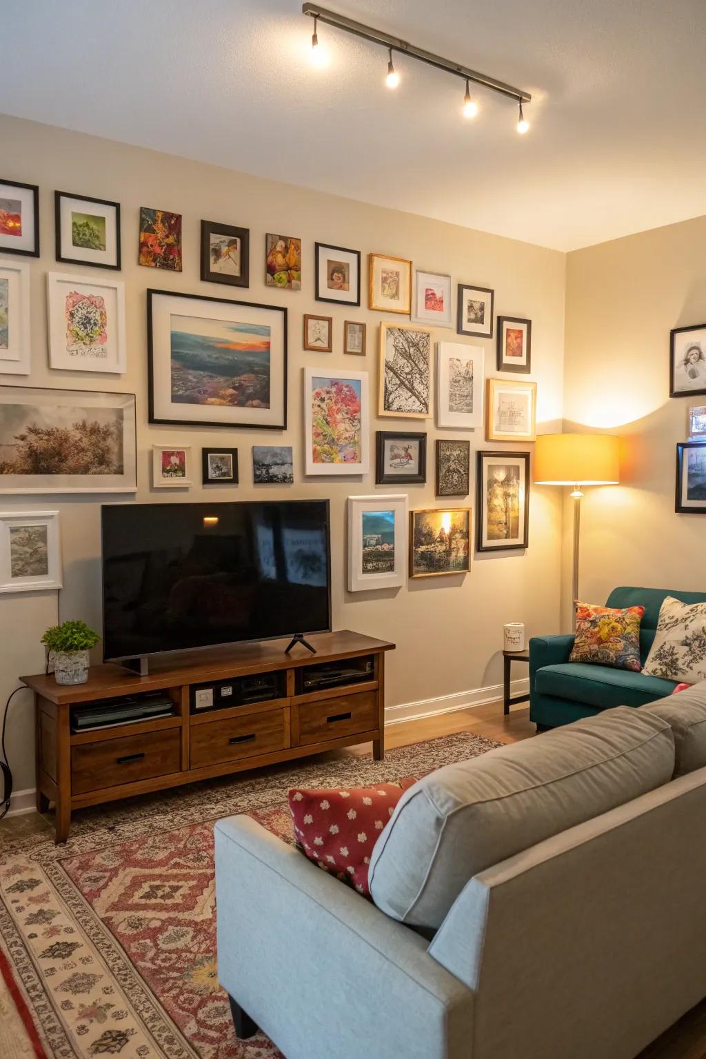 A gallery arrangement surrounding the TV enriches the space with personalization and visual allure.