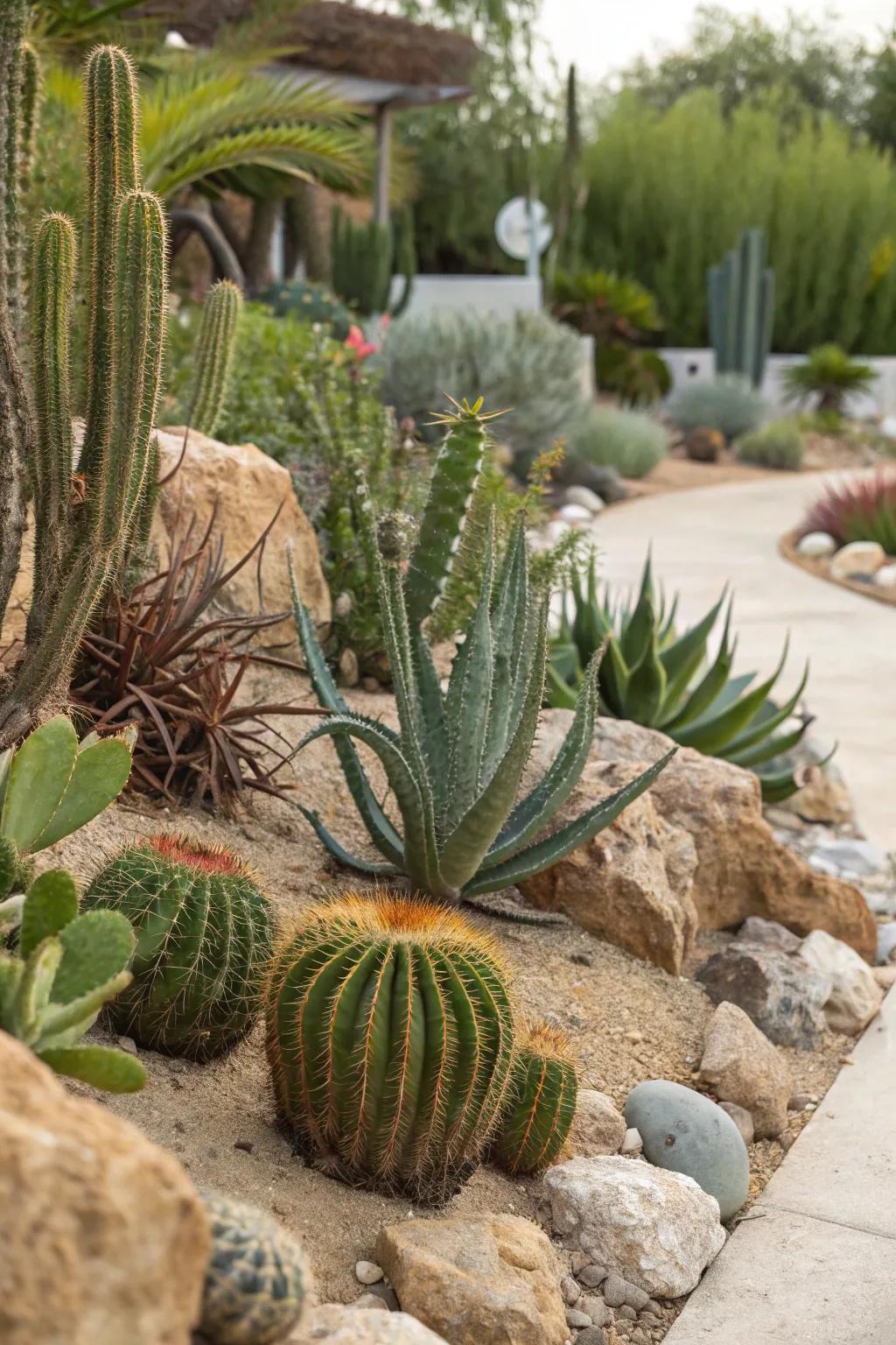 An energetic assortment of cacti and succulents, each showcasing their distinct forms and tactile qualities.