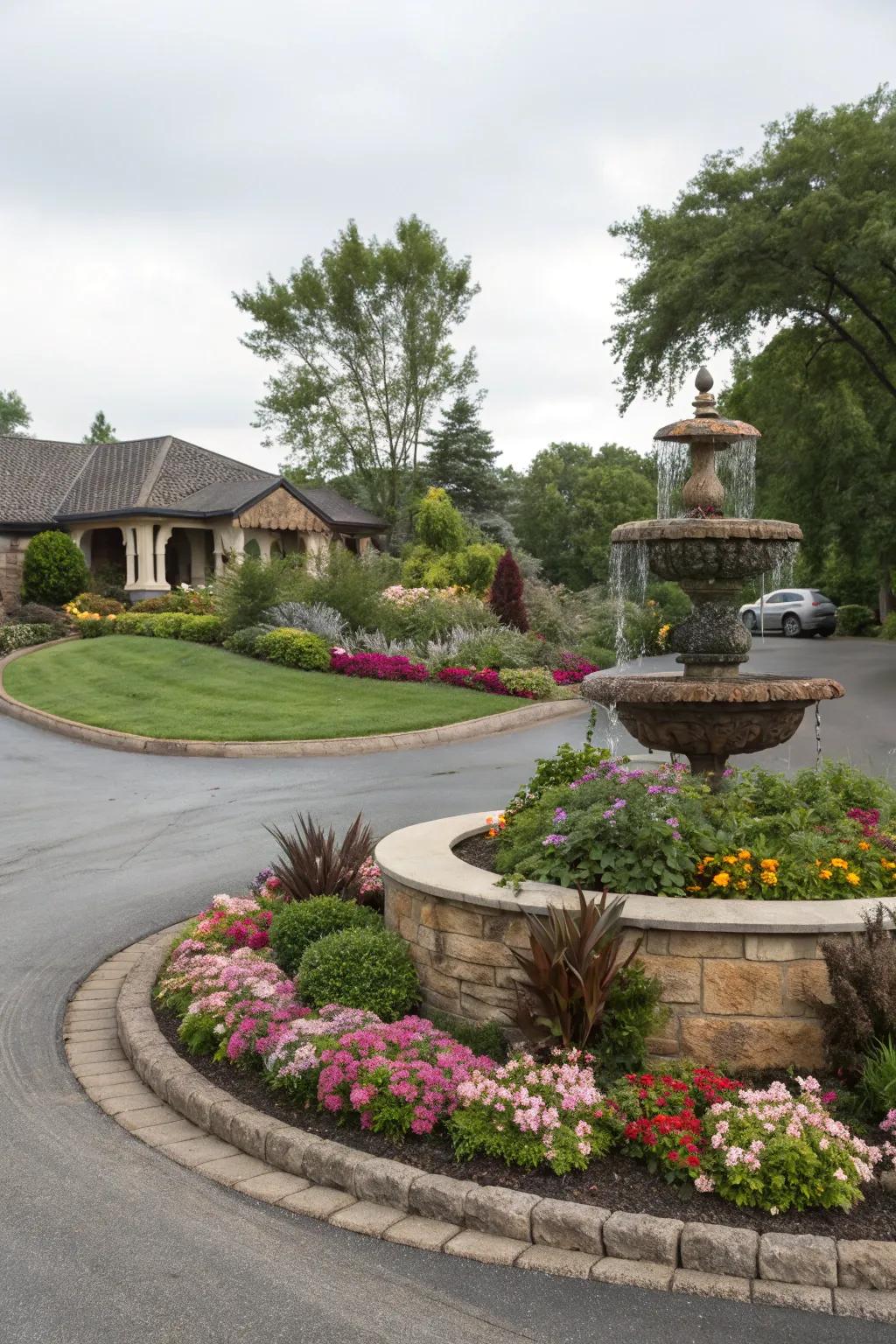 A central island with vibrant flowers and a fountain transforms this driveway into a picturesque scene.