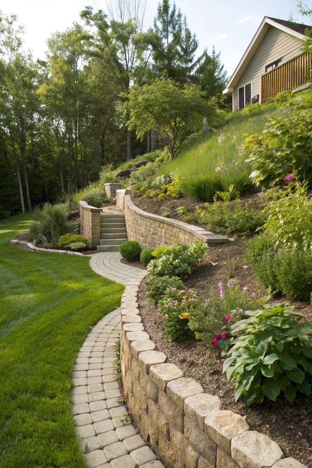 A sloped retaining wall that harmonizes beautifully with natural contours.