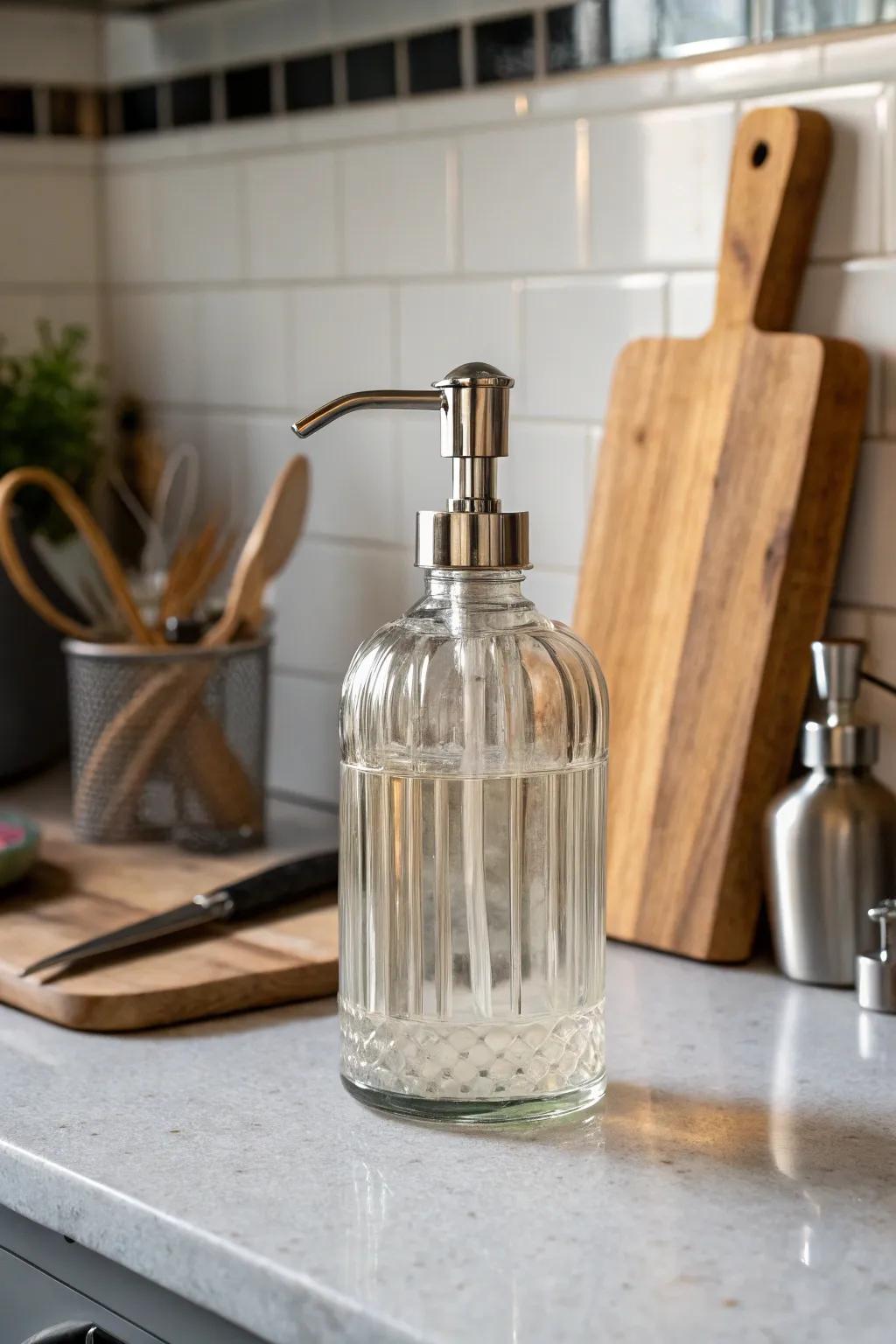 Add a touch of elegance with a clear glass soap dispenser.