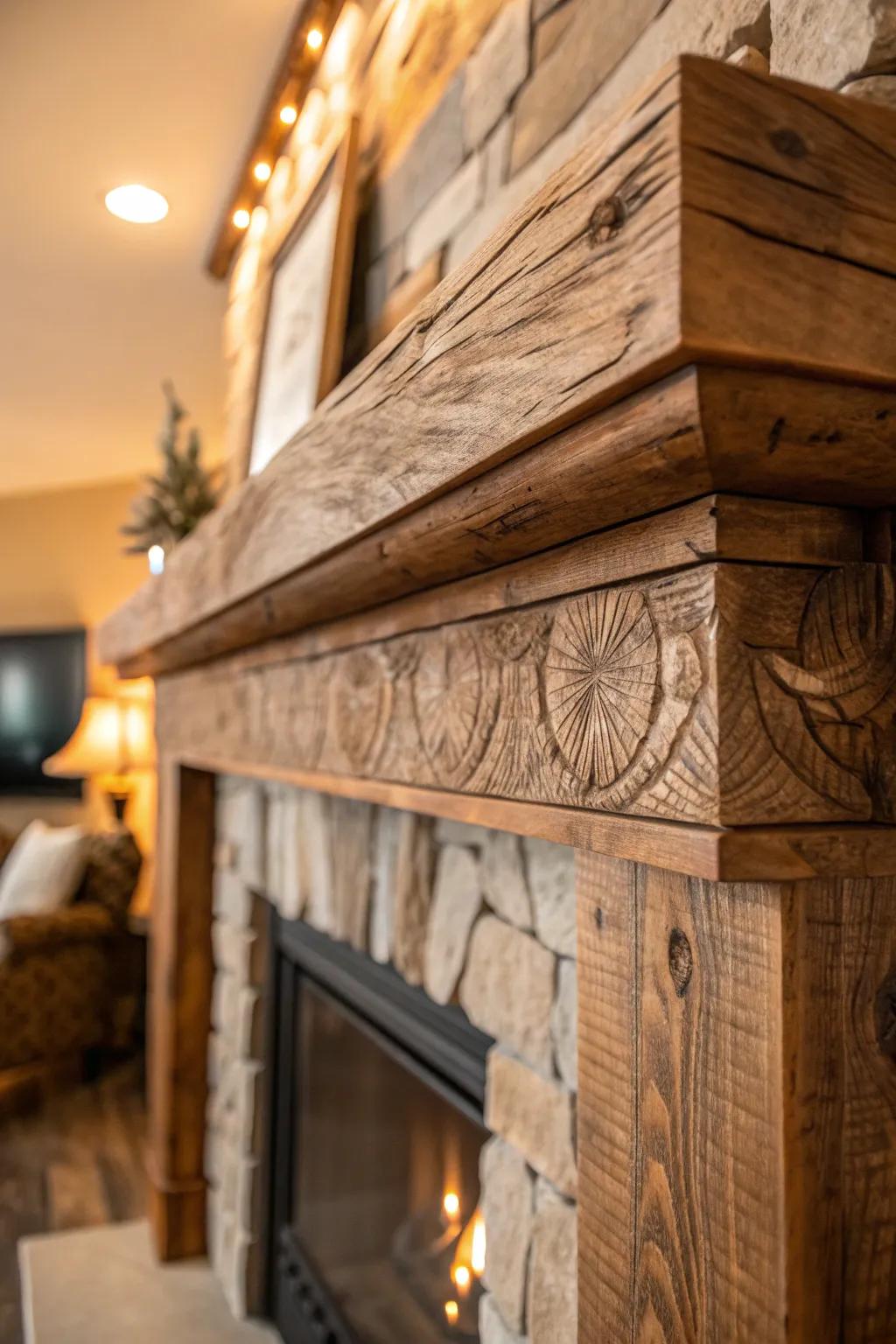 Transform your space with a rustic mantel crafted from reclaimed wood, exuding unmatched warmth and charm.
