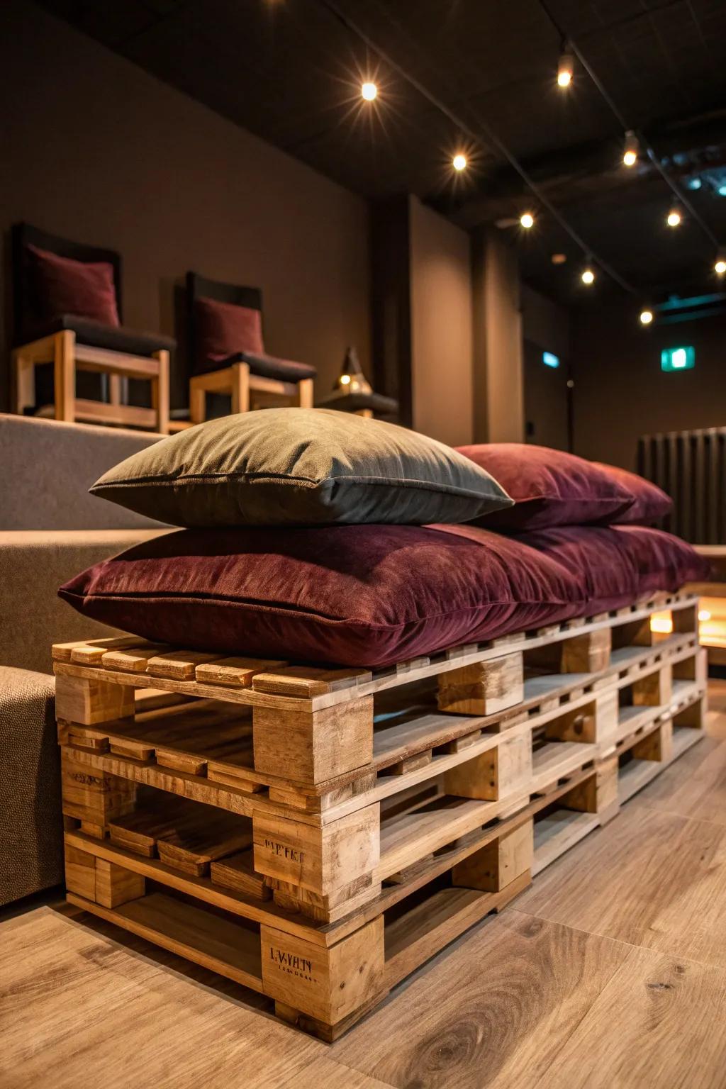 Transform your movie nights with rustic pallet seating—where craftsmanship meets comfort.