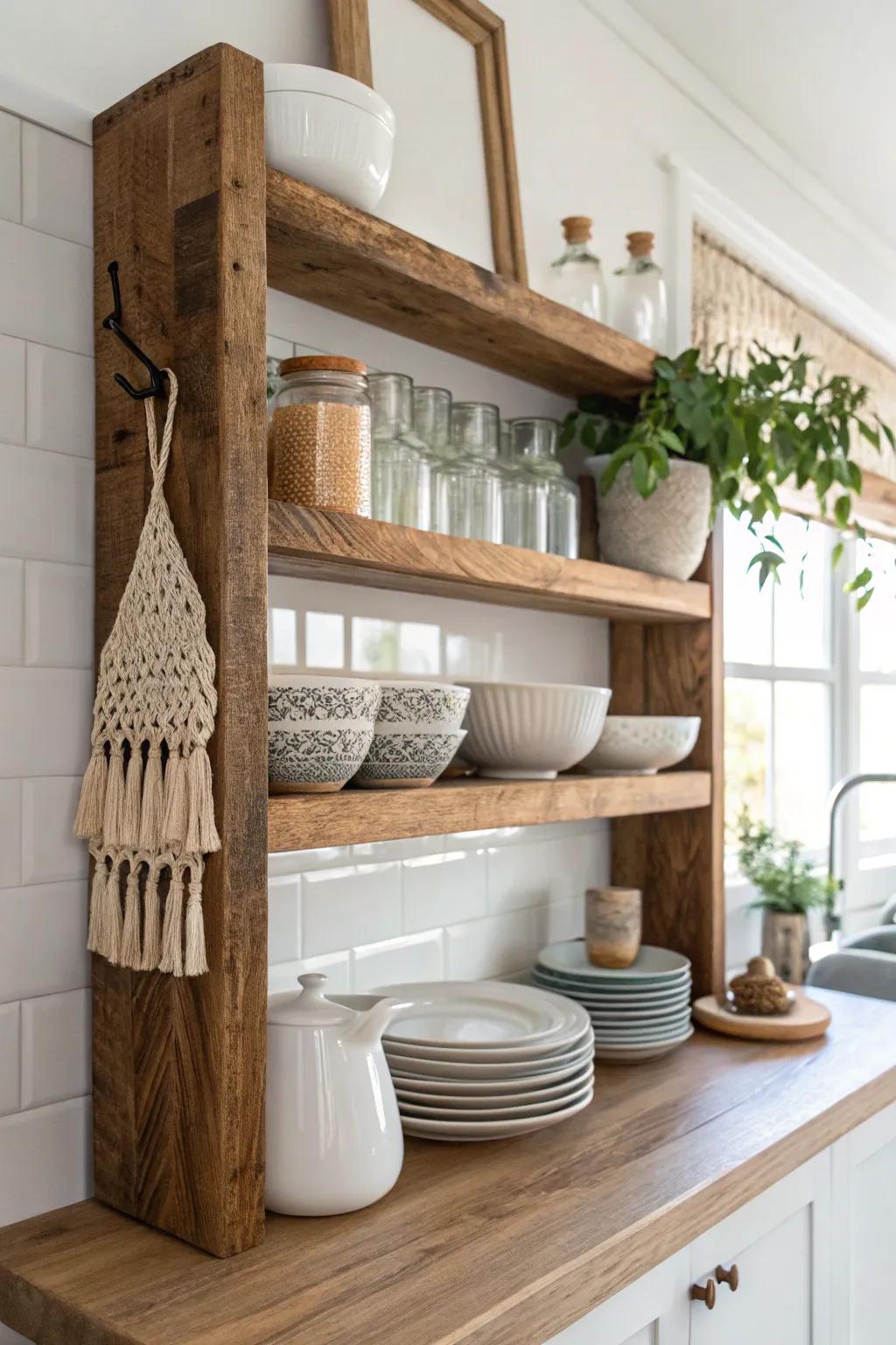 Elevate your kitchen with the rustic charm of natural wood shelving. 🌿✨ #ScandinavianStyle #BohoChic