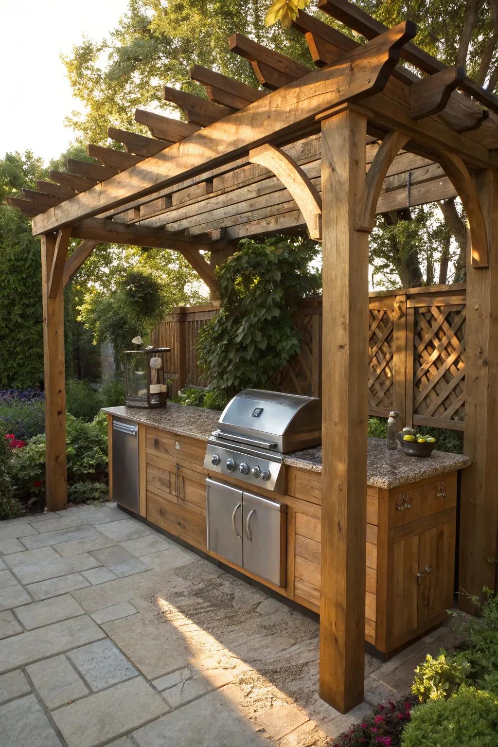 Transform your backyard with a rustic pergola grill station – where craftsmanship meets modern comfort.