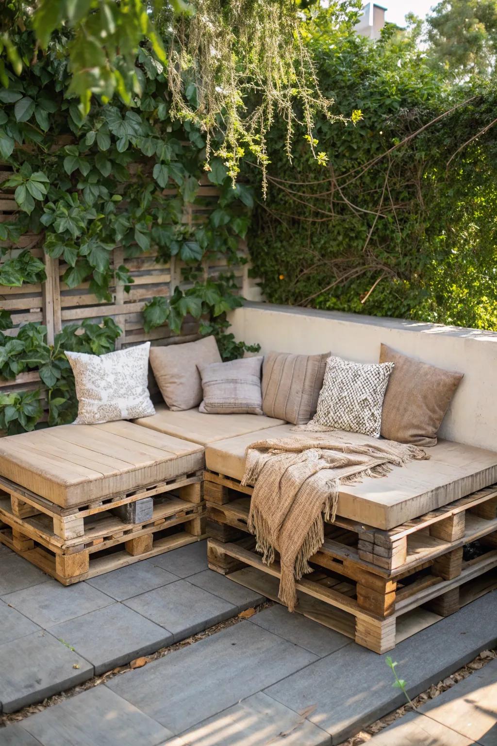 Transform your patio into a cozy retreat with DIY pallet seating. 🌿✨ #ScandiBoho #CozyNook