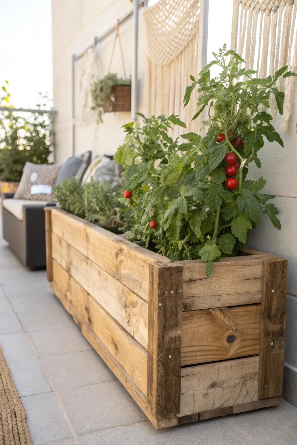 Elevate your patio with a touch of rustic elegance using a DIY raised wooden planter box. 🌿🍅 #Craftsmanship #MinimalistBoho