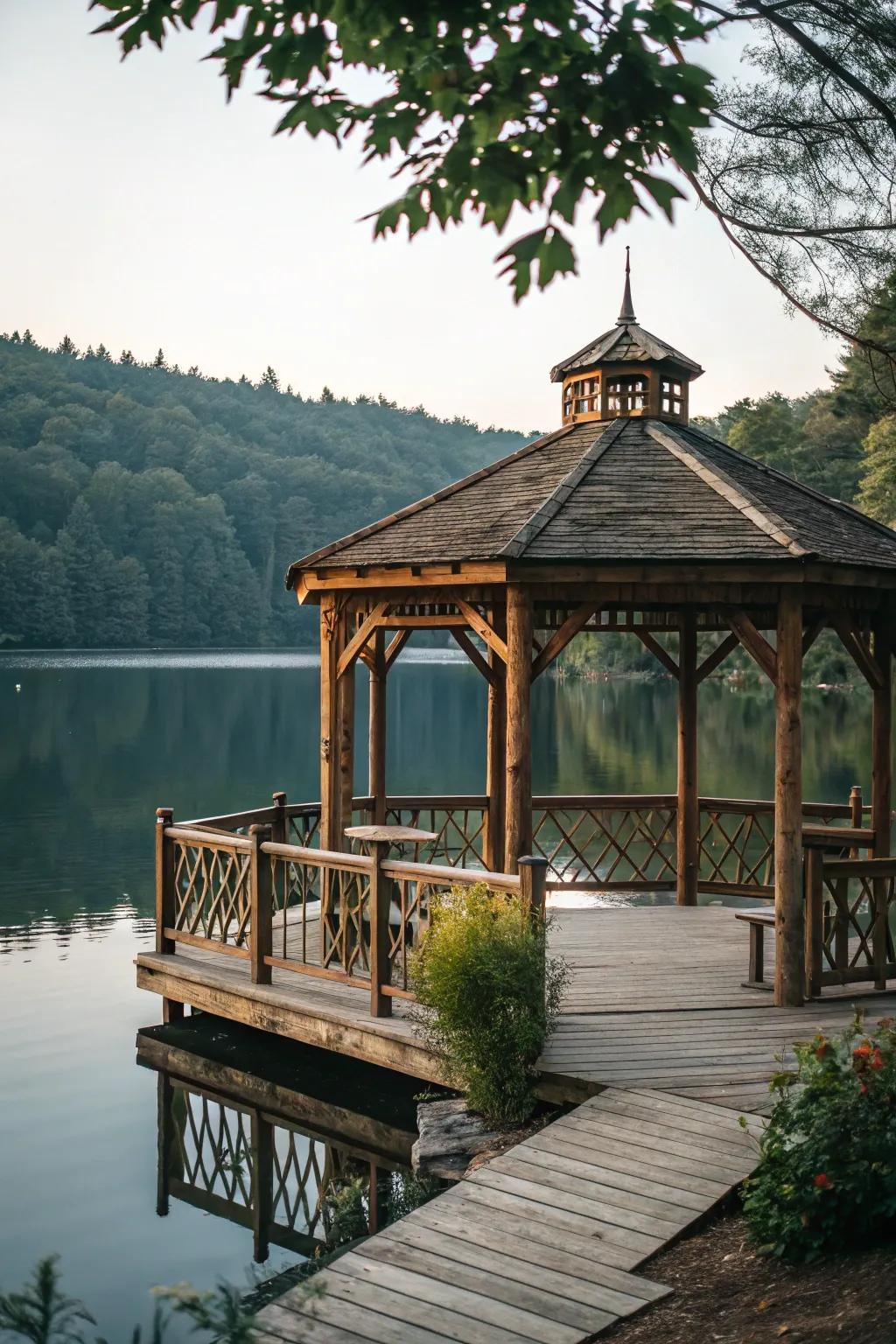 A timber gazebo exudes classic appeal, offering a peaceful retreat alongside the serene lake.