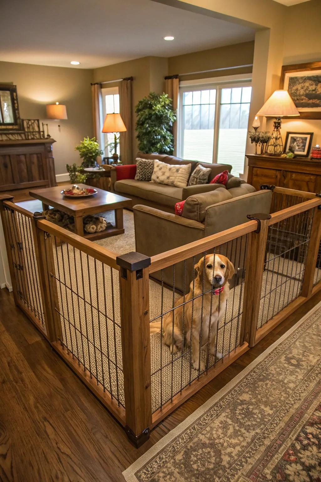 A classic wooden dog fence that enhances the warm ambiance of a living room.