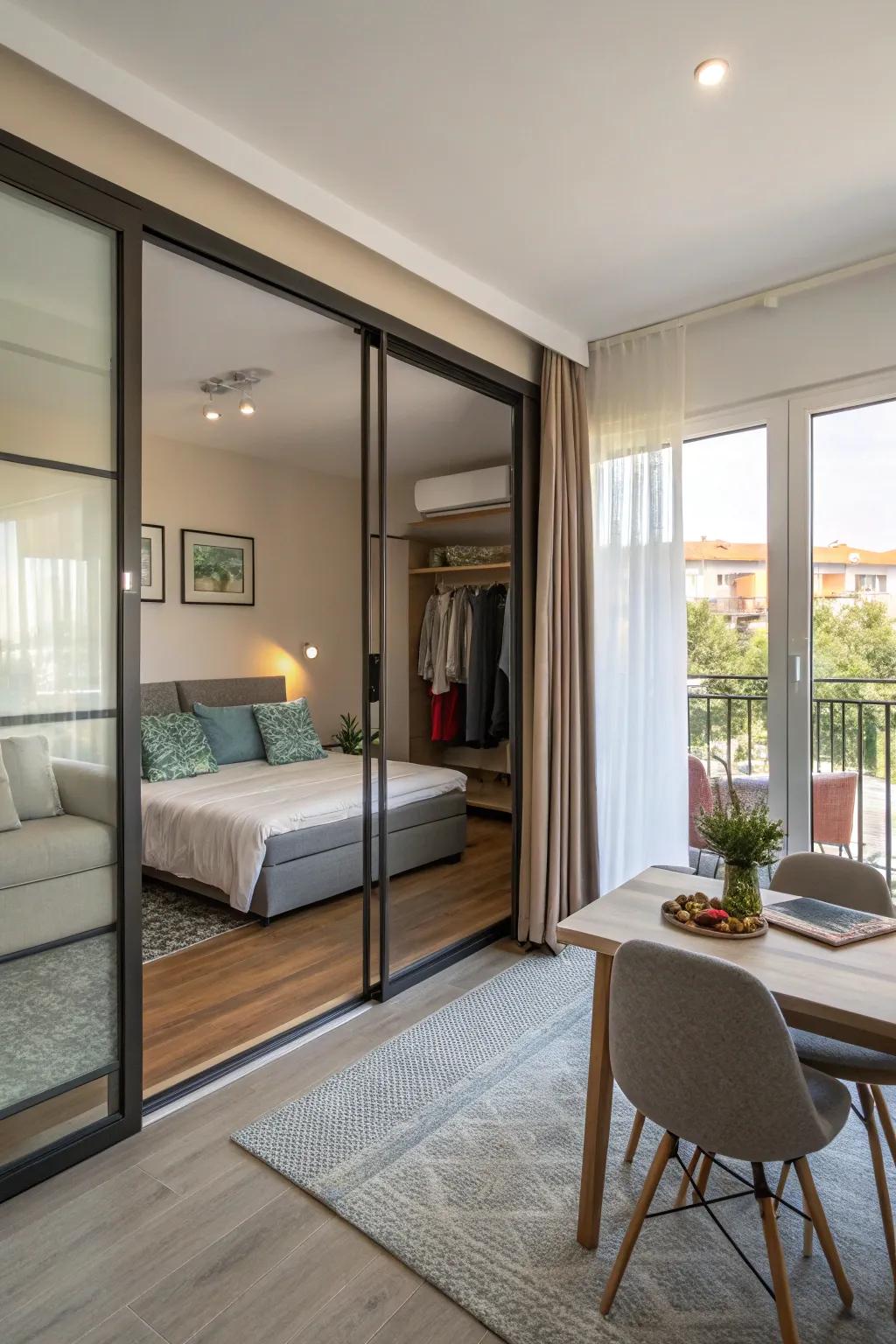 Glass sliders elegantly separate sleeping and living zones, ensuring the space remains bright and airy.