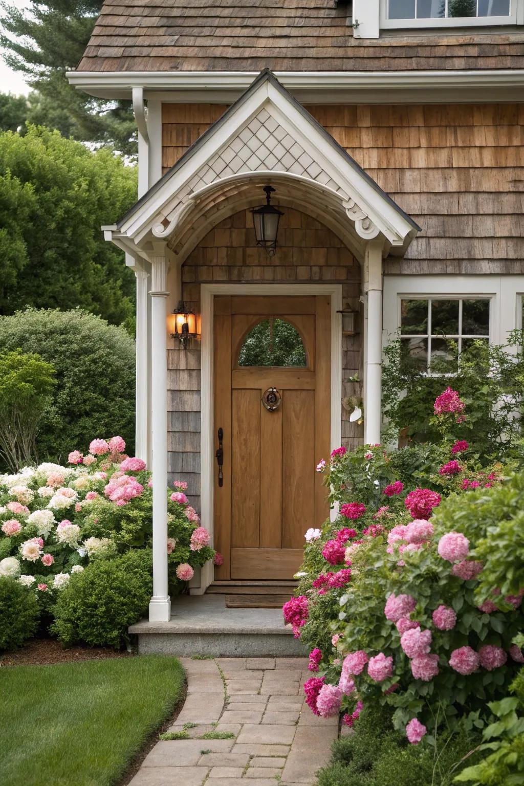 A front door under a classic peaked-roof shelter, framed by blooming flowers.