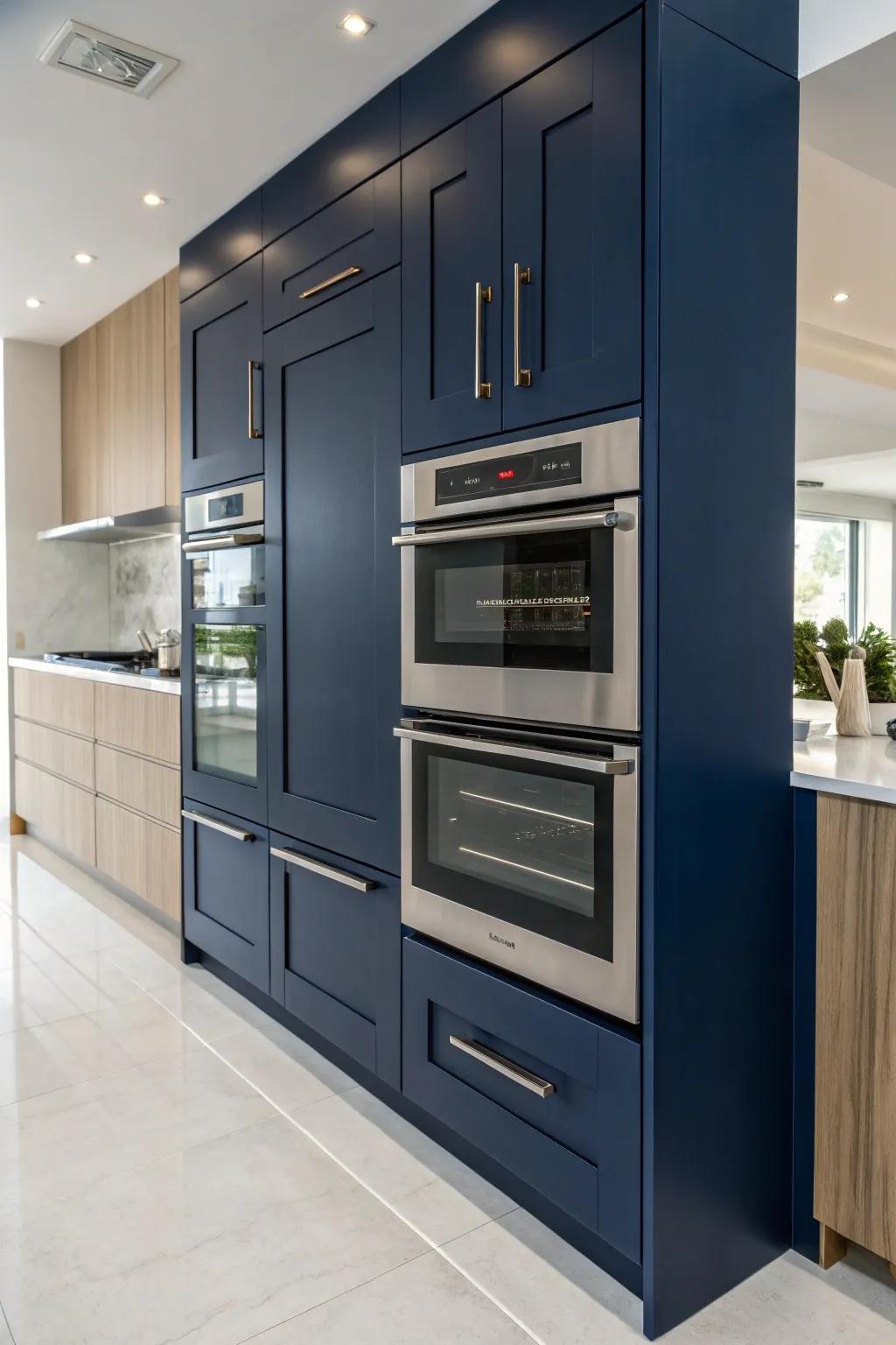 A sleek, vertical dual oven cabinet with a striking navy blue finish, introducing both depth and a refined sense of sophistication.