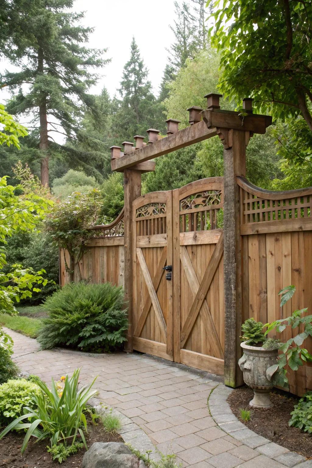 A timeless cedar gate harmonizing effortlessly with the garden’s natural allure.