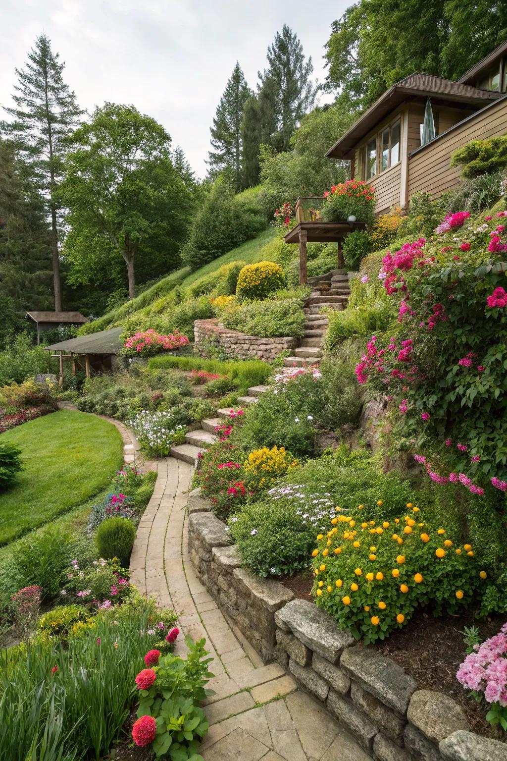 Terraced gardens introduce a sense of order and countryside charm to your sloping backyard.