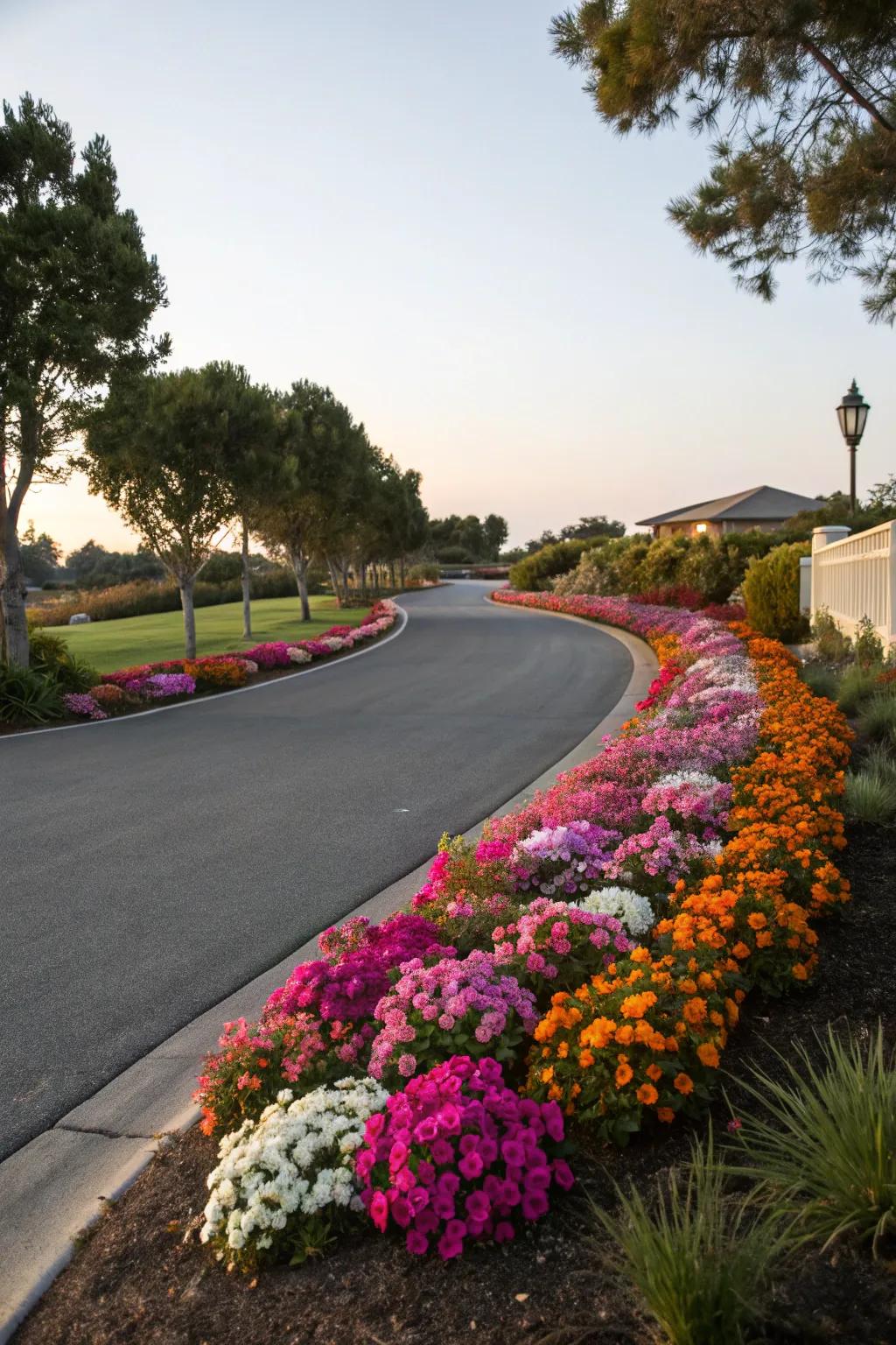 A blossom bank introduces both tint and allure to this driveway.