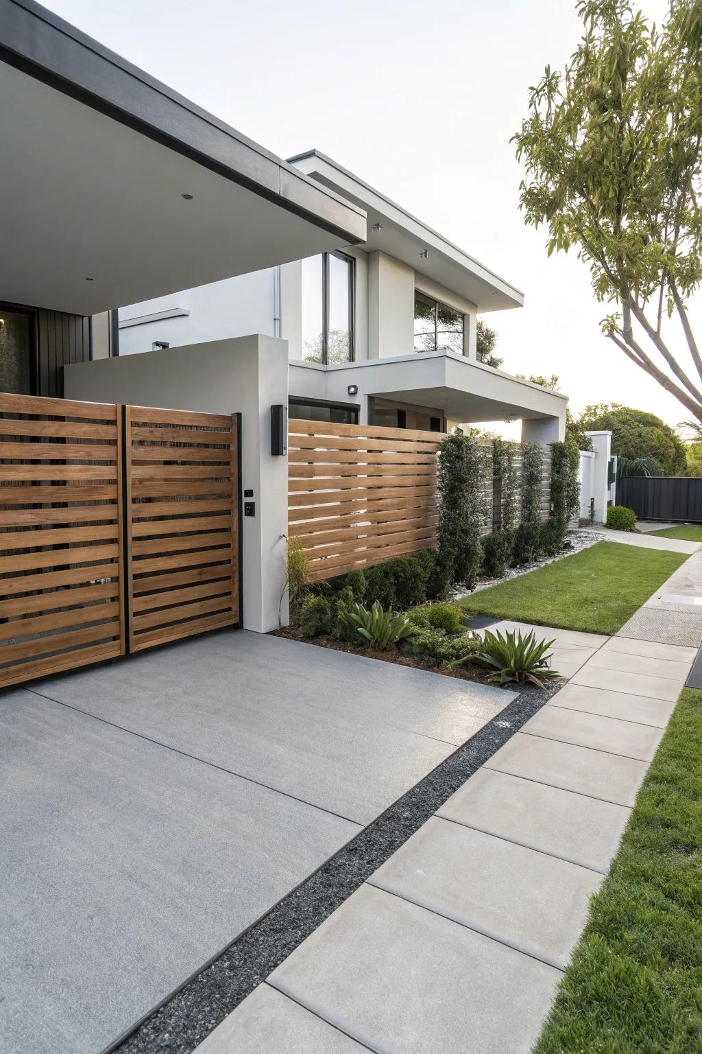 Modern horizontal timber panelling presents a sophisticated aesthetic for your driveway.