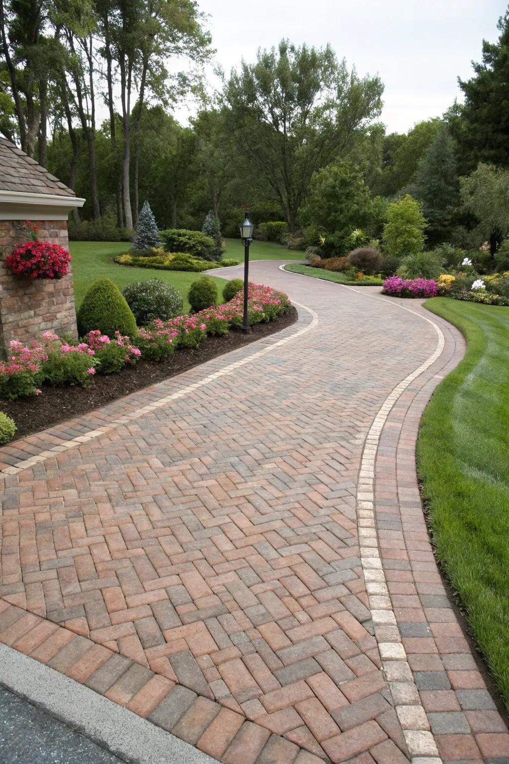 A classic herringbone pattern adds timeless charm to any driveway.