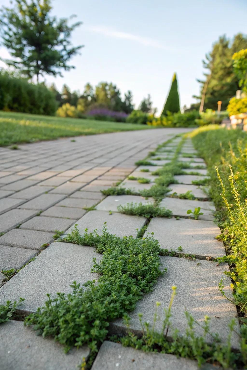 A classic paver pathway enhanced with lush green accents.