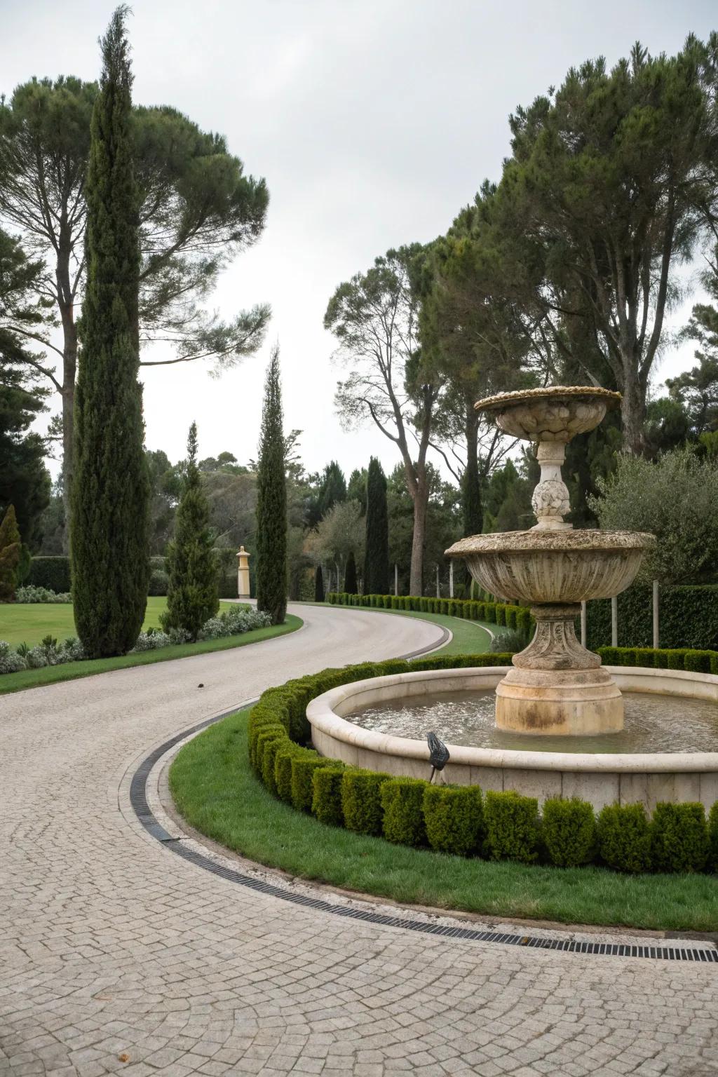 A circular driveway enhanced by an imposing stone fountain.