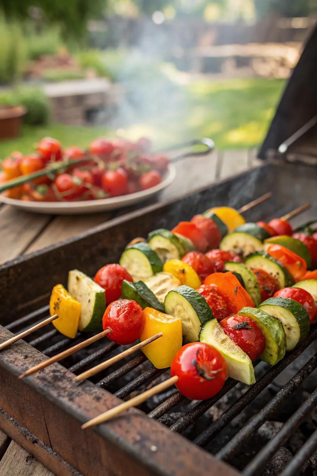 Colorful vegetable skewers sizzling on the grill in a sunny backyard.