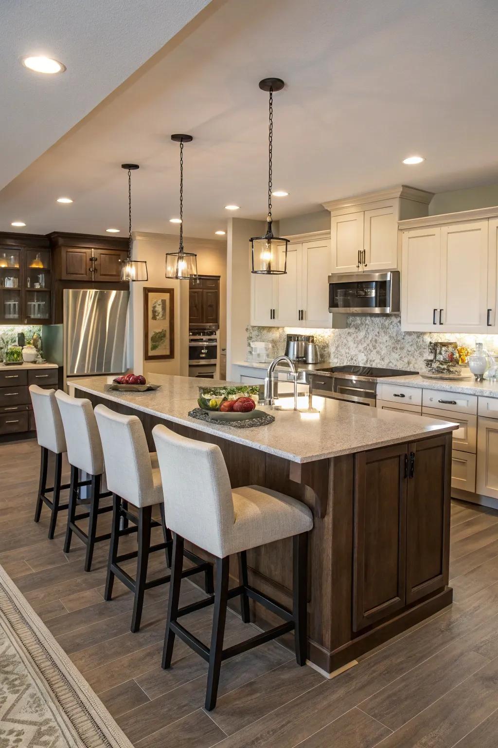 A split-level island ideal for tackling numerous tasks.