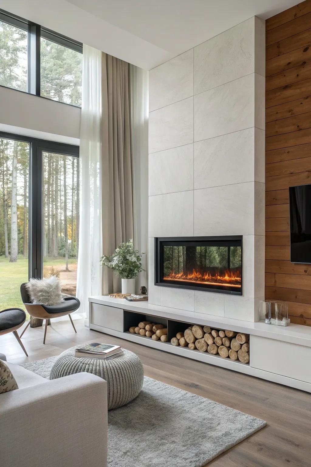 A sleek wall-mounted electric fireplace in a minimalist living room
