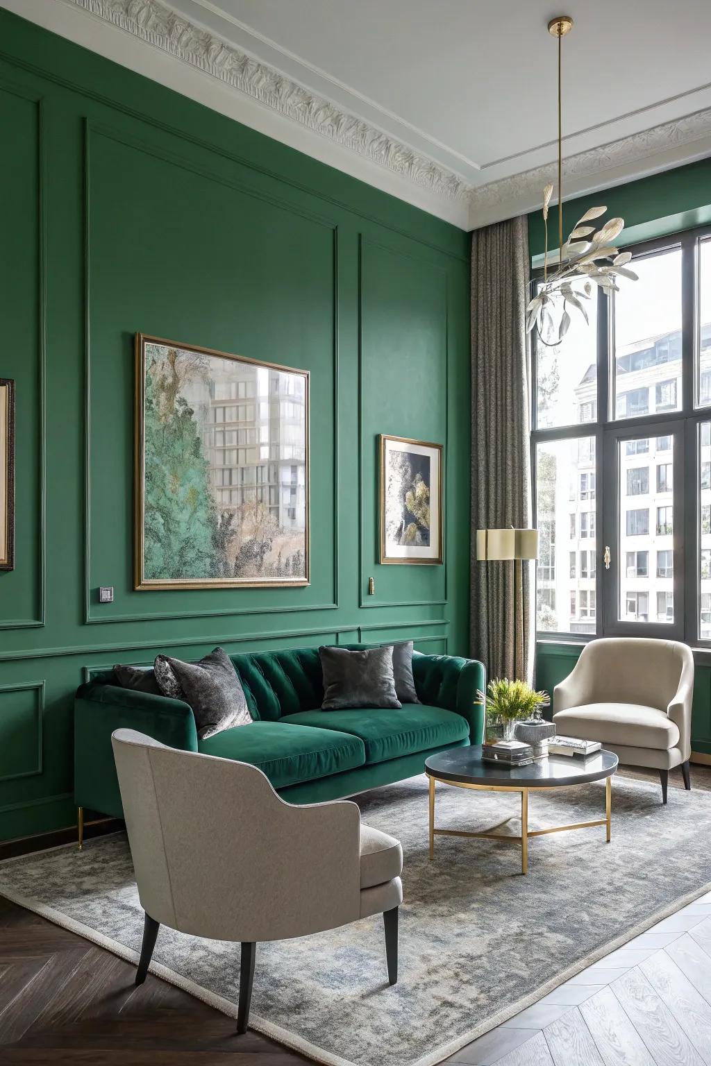 Strong verdant accent wall in a modern living area.