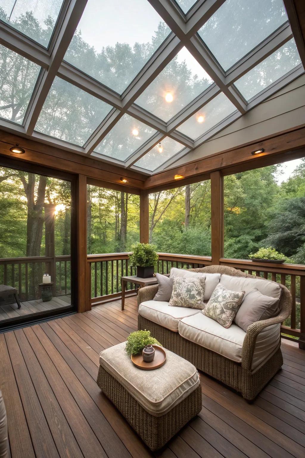 An enclosed deck with skylights bringing in natural light.
