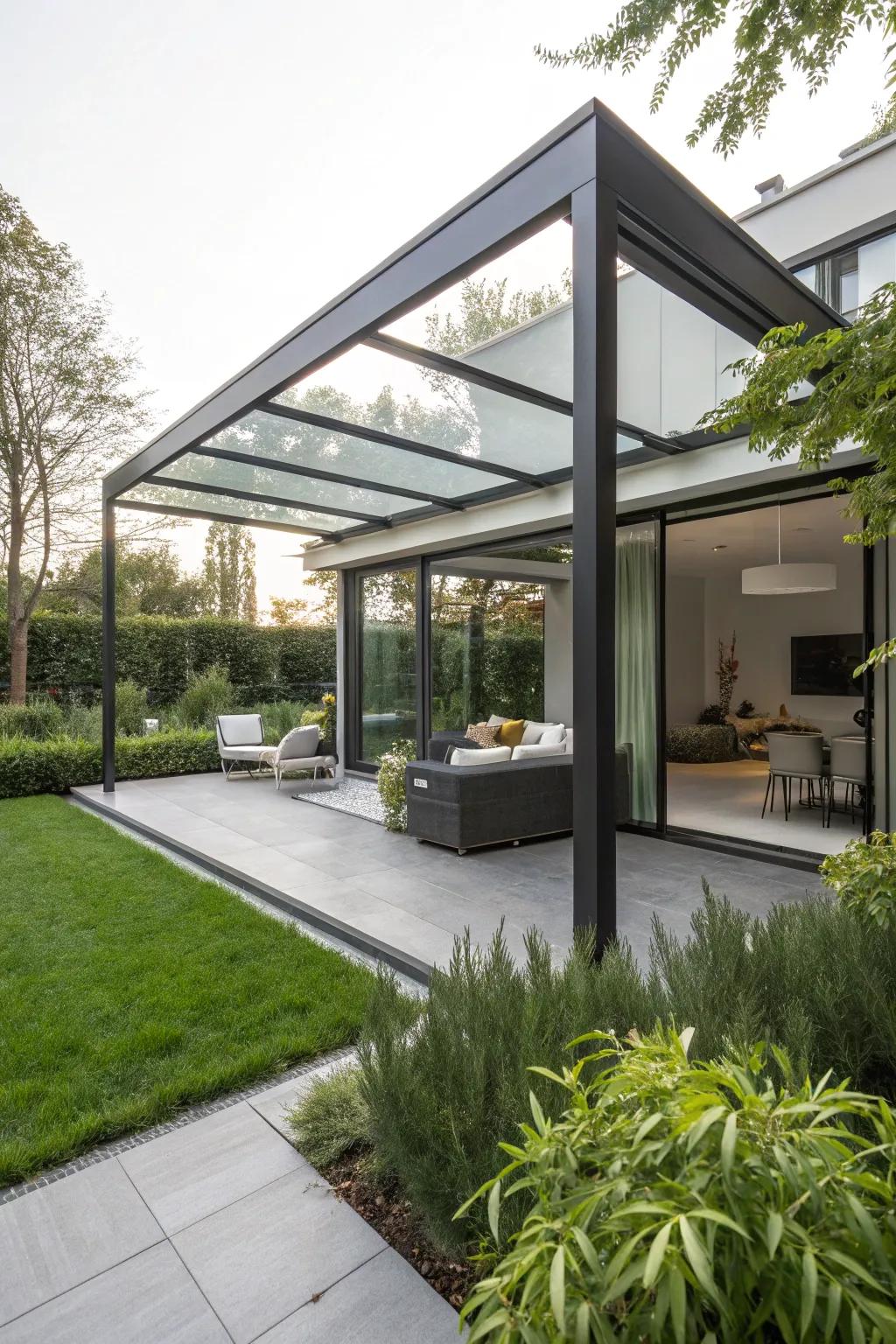 Sleek glass panels enclose this modern pergola